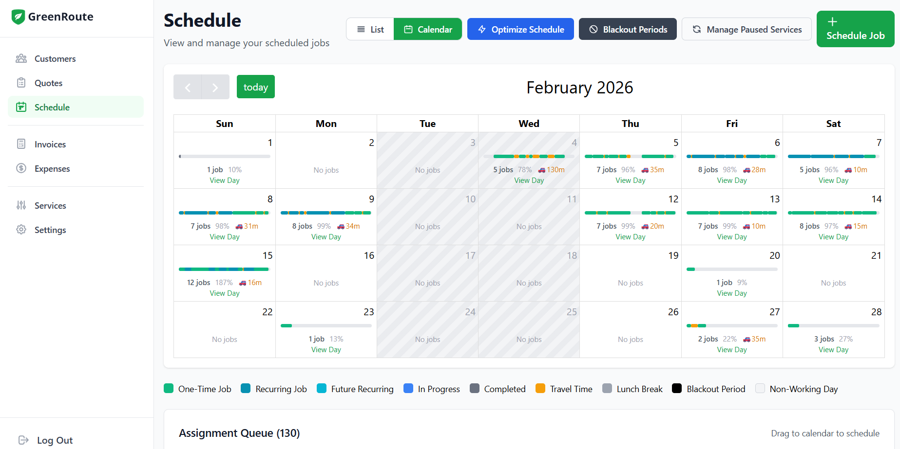 GreenRoute lawn care scheduling calendar showing jobs, recurring services, and drive route planning for a lawn care business