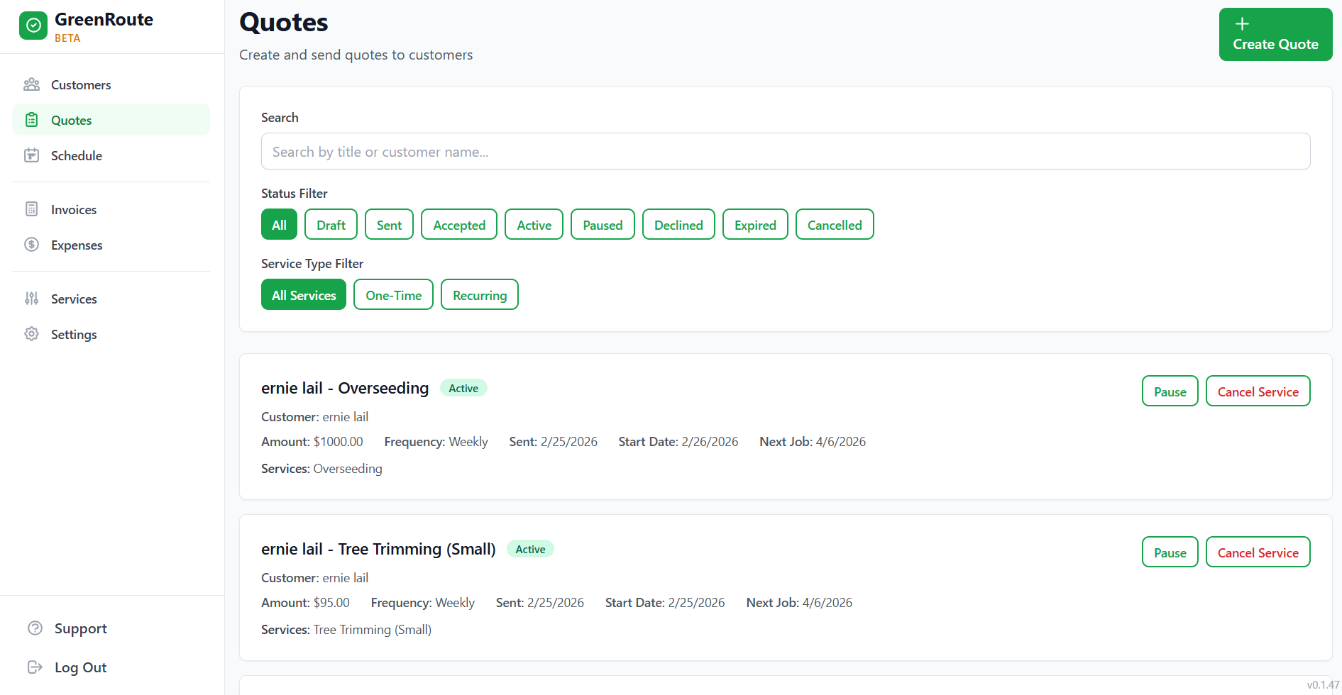 GreenRoute quotes dashboard showing active quotes with status filters, service types, and customer details