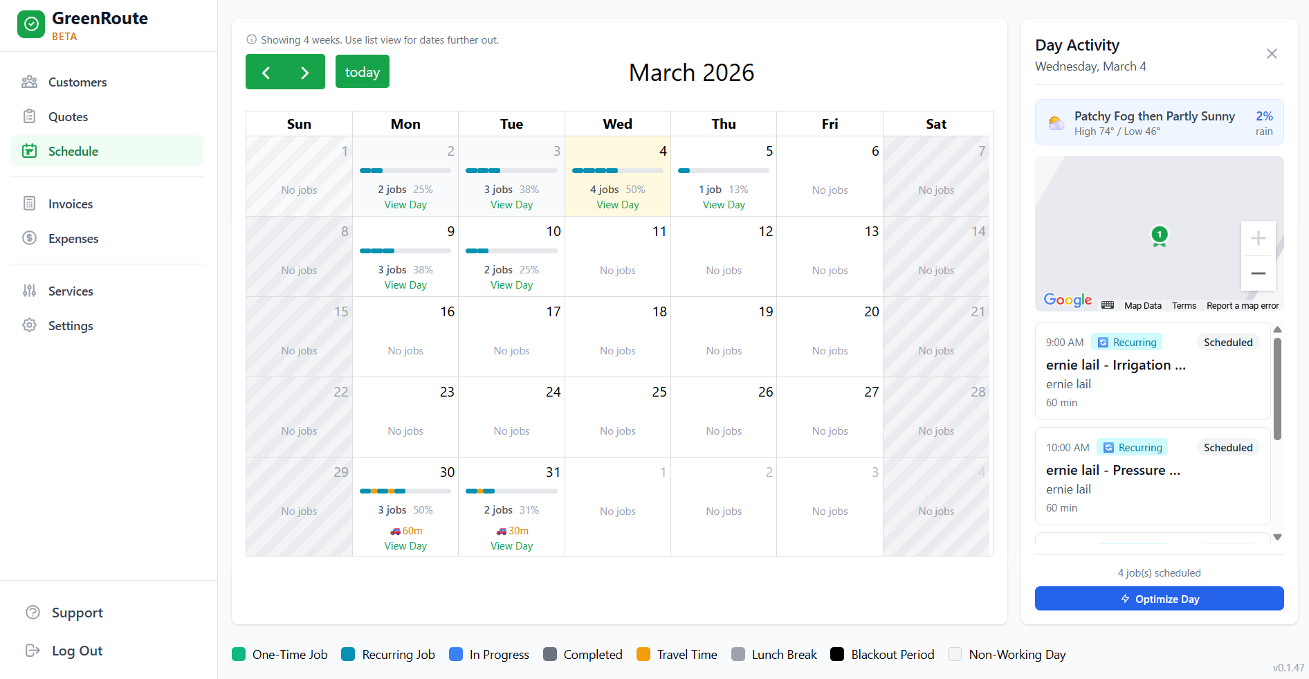 GreenRoute scheduling calendar showing monthly job view with day activity panel, weather forecast, and route optimization